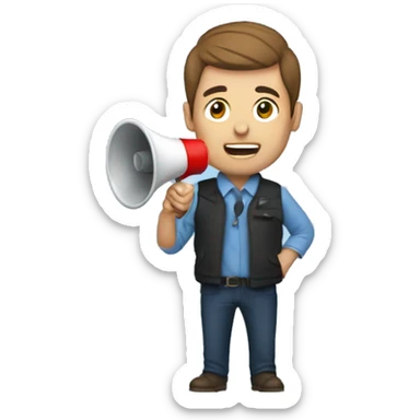 Finance bro with brown short flow hair and puffer vest over blue shirt speaking into a megaphone sticker
