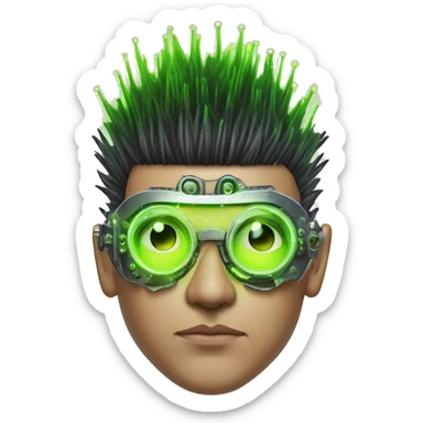 Mohawk hair with neon green highlights Asian male cyborg head with neon silver steampunk goggles and circuits sticker