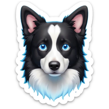 Cinematic Noble Black and White Border Collie Portrait Emoji, Poised and regal, with a lean, athletic build and a sleek, well-groomed black and white coat, piercing blue eyes, Simplified yet sharp and sophisticated features, highly detailed, glowing with a soft, dignified glow, high shine, intelligent and agile, stylized with an air of precision, focused and attentive, soft glowing outline, capturing the essence of a watchful and determined herder, so majestic it feels as though it could sprint out of the screen with effortless authority! sticker
