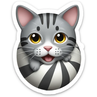 A gray striped cat is playing with a ball  sticker