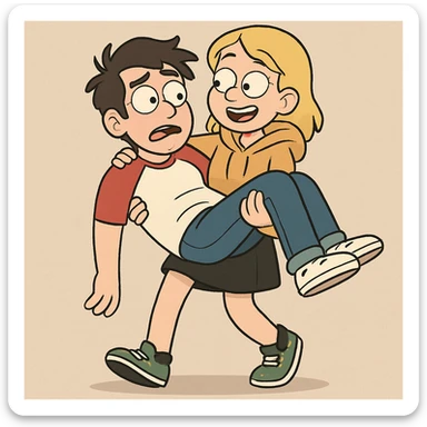 A man Raglan sleeves with Red t-shirts blue jeans white shoes carried by a cute a girl yellow hoodie black skirt green shoe  sticker