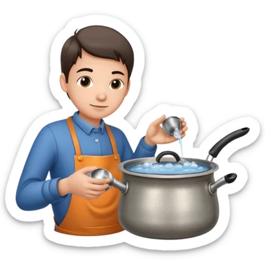 small metal pot filled with boiling water on a stove, visible hot steam and rising bubbles, realistic heat effect, shiny pot surface, bright lighting, clean white background sticker