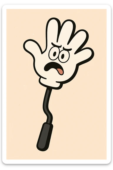 cartoon style slap hand toy, white palm, black stick, outlined in black sticker