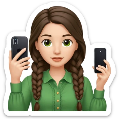 brunette long braided haired woman with green blouse holding her phone having selfie sticker