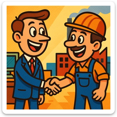 cartoon style office worker shaking hands with factory worker, large heads, exaggerated emotions sticker