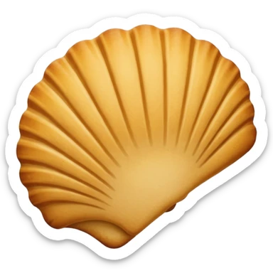 A madeleine pastry. Scalloped seashell shape with ONLY four to five vertical lines going in the same direction. Light golden brown. Scalloped edge. Cookie. Flat. Long. Oval shape sticker