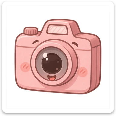 a cute pink camera, original design, big eyes, blushing cheeks, joyful sticker
