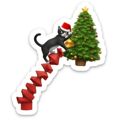 a cat climbing a christmas tree but the cat has a red top hat  sticker