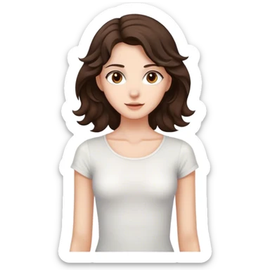 Tall, slender girl with dark brown wavy hair and light brown eyes wearing a white top sticker