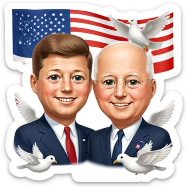 John F. Kennedy and Mikhail Gorbachev side by side, smiling, friendly diplomatic atmosphere, small peace symbol and doves, US and USSR flags as accents sticker