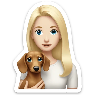 Pale blonde girl with blue eyes holding blonde dachshund long haired  sticker