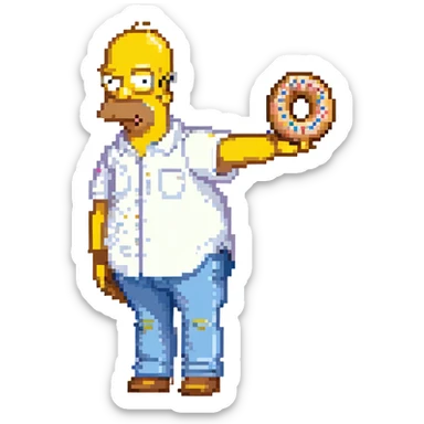 Homer Simpson pixel art style, yellow skin, bald head with two hairs, white shirt, blue pants, holding a donut sticker