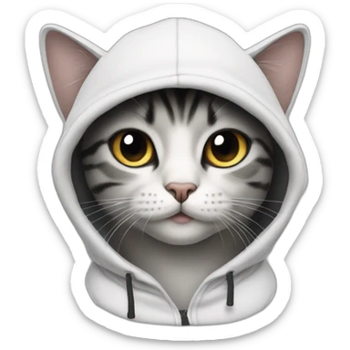 cat wearing a black ball cap and a white hoodie with the hood up sticker