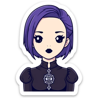 gothic girl with wide shoulders, small chest, dark makeup, black clothing sticker