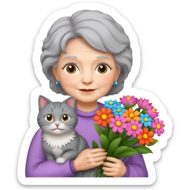 old woman holding bouqet and cat sticker