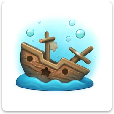 3D iPhone style emoji of a sunken ship underwater, lying on the ocean floor, broken details, surrounded by bubbles and soft blue water effect, isolated on white background, soft shadows, high detail, playful and cute. sticker