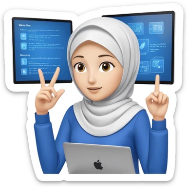 computer engineer with white hijab wearing blue outfit, pointing and gesturing at specific code elements and features on the large digital screen behind her, laptop in front of her, explaining particular parts of her metaverse creation in detail sticker