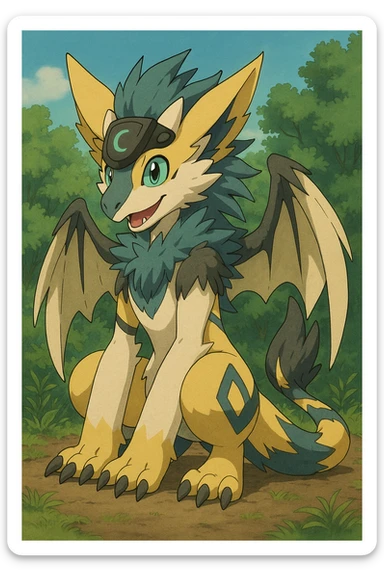 Sergal-Protogen-Trico-Zeraora-Vernid-fusion-hybrid-creature, drawn in a Pokémon/Digimon style sticker