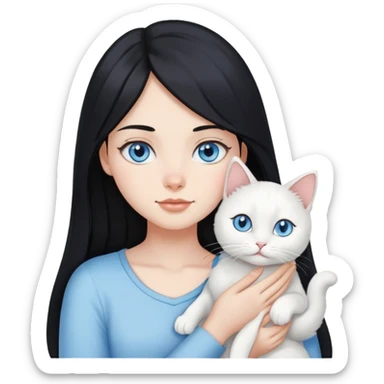 black hair girl with long hair blue eye white cat sticker
