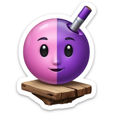 A half pink half purple ball with a face and a wooden stem followed by a glass stem on top of the wood stem tilted 90 degrees sticker
