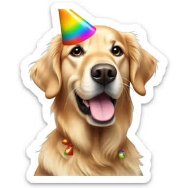 Golden retriever wearing a birthday hat sticker