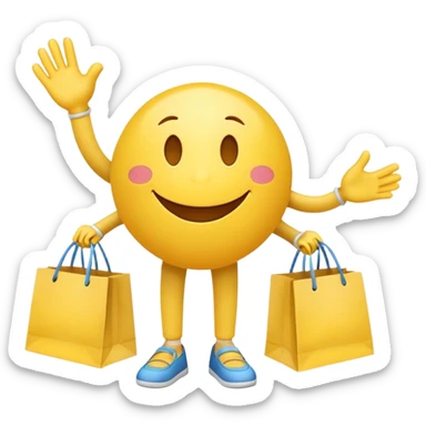 HAPPY SMILEY FACE WITH HANDS AND FEET EMOJI WITH SHOPPING BAGS IN EACH HAND sticker
