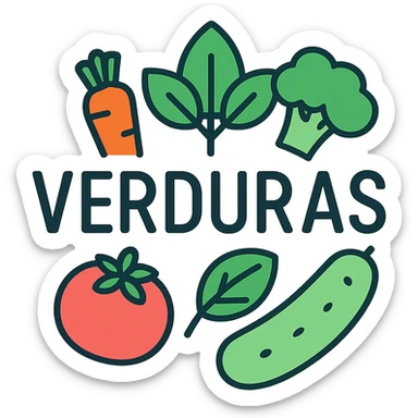 the word VERDURAS in a bold modern style with green leaves and vegetable illustrations, fresh produce brand logo sticker