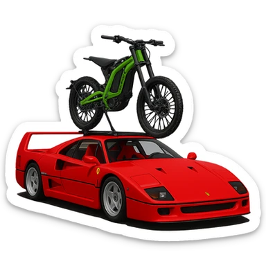 Replace the two bikes with one Sur-Ron electric bike with a green frame, mounted on the roof rack of the Ferrari F40. Keep the background transparent. sticker