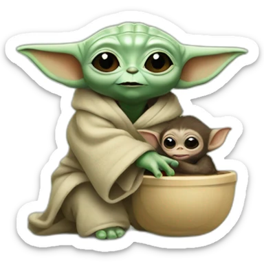 baby yoda abraçando um macaco filhote sticker