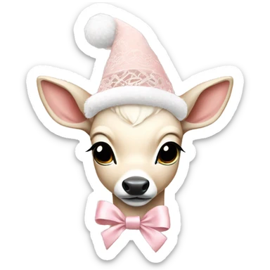 white fawn with pale pink lace ribbon and pale pink christmas hat sticker