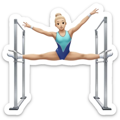 Professional gymnast performing a complex routine on parallel bars, demonstrating strength, control, and perfect balance. The gymnast is mid-air, executing a powerful move with focused concentration. The background shows a brightly lit gymnasium with a cheering audience. sticker