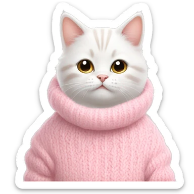 A white cute cat with a cozy baby pink sweaters  sticker
