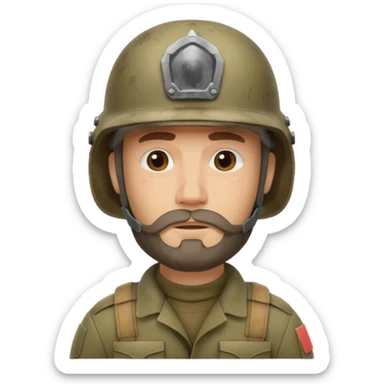 a very tired soldier in a helmet, helmet without insignia, with a beard sticker