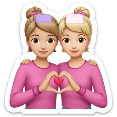 Two best friends making a heart shape with their hands together. One of them has blond hair which is shorter and the other has brown hair tied up. They are both wearing pink outfits. sticker