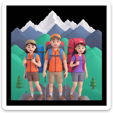 back packer couple posing, mountains in background,   close up pose sticker