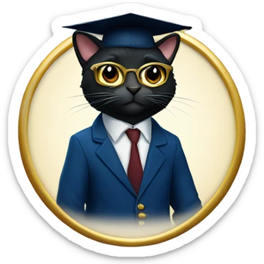 The student is a black-furred cat in gold glasses, a dark blue suit and a square academic dark blue cap sticker
