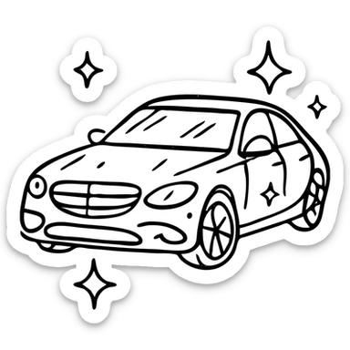hand-drawn outlined icon of a luxury car, glossy black with multiple small stars and strong reflections, impeccable perfectly clean finish, clean and modern sticker