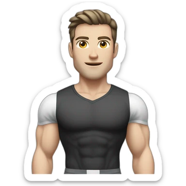 amazed Pale skinned Fit Man With the biceps and dark brown hair in black shirt, gray sports shorts and white Sneakers sticker