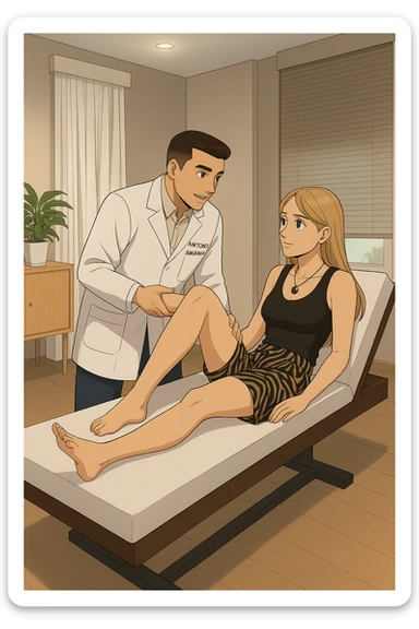 fai un webtoon/manga a colori con questo kinesiologo in camice bianco (fagli la scritta "ANTONIO ANANIA" SUL CAMICE) CHE SVOLGE UN TEST NEUROMUSCOLARE SOLLEVANDO UNA GAMBA ALLA RAGAZZA CHE è STESA SU UN LETTINO BIANCO. STANZA SEMPLICE E MODERNA, DURANTE IL TEST I DUE DIALOGANO TRA LORO. NON FARE I FUMETTI, FAI SOLO LORO COME SE DIALOGASSERO sticker