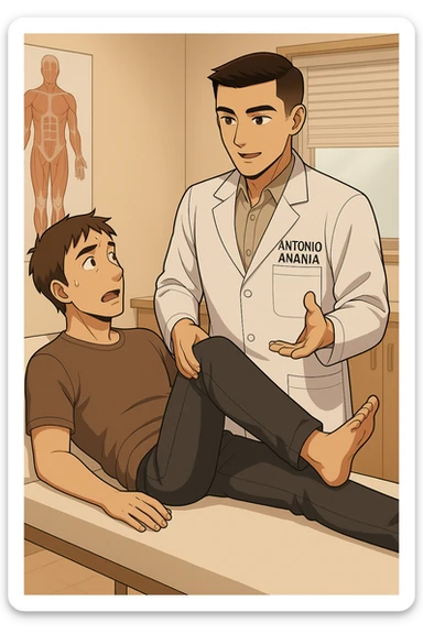 fai un webtoon manga a colori con questo stile, in cui un uomo è steso sul lettino medico e il kinesiologo con il camice bianco (fagli anche la scritta "ANTONIO ANANIA" SUL CAMICE, gli solleva una gamba per fargli il test neuromuscolare, IL KINESIOLOGO SPIEGA ALL'UOMO UNA cosa mentre gli alza la gamba. non fare i fumetti però, fai solo in modo che sembri stiano parlando, il lettino fai in modo che si veda tutto intero sticker