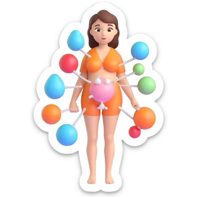symbolic 3D PCOS icon, stylized woman with elements representing polycystic ovaries, 3D effect, realistic and modern style, light colors, no background, aspect ratio 2:3 sticker