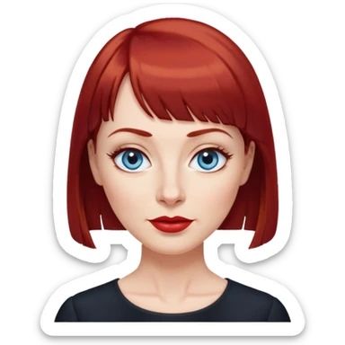 Middle-aged woman with fair skin, wider oval face, blue eyes, thin eyebrows, small nose, red lips, dark red hair with straight bangs, age-appropriate features, wearing a black blouse sticker