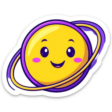 fantasy yellow planet with colorful rings and a cute happy face sticker