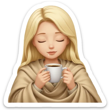 Blonde girl long hair inside a beige blanket sipping coffee eyes closed sticker