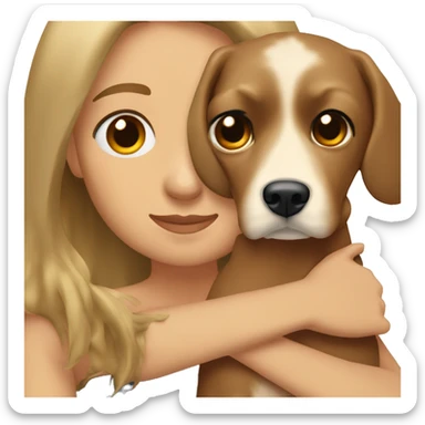 Woman with long and straight hair with dark hair and some blonde lines, hugging a cocker spaniel sticker