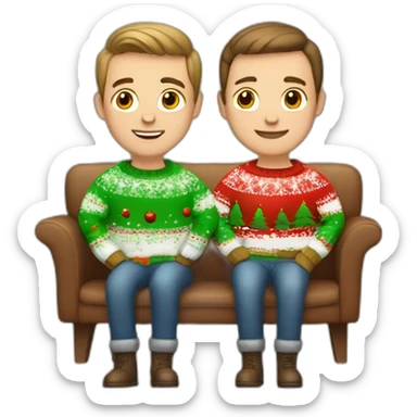 gay couple sitting in christmas sweathers with brown faded haircut sticker