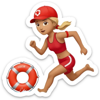 Female lifeguard – red cap, running along shore with rescue buoy sticker
