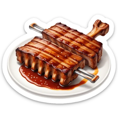 Cinematic juicy grilled ribs, glistening with smoky barbecue sauce, charred edges, tender meat falling off the bone, sizzling on a hot grill, mouthwatering and rich, warm and inviting, ultra-realistic and delicious. sticker