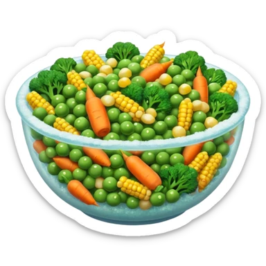 A close-up of a bowl filled with frozen mixed vegetables — peas, carrots, corn, and broccoli — covered with a light layer of frost. The colors are bright but slightly muted from freezing. Natural lighting, high-detail macro food photo. sticker
