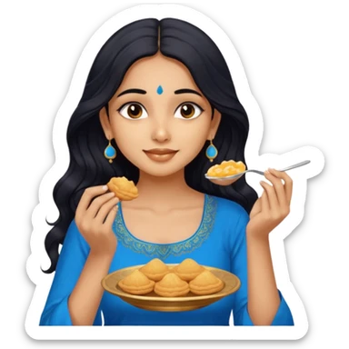 a pretty tan indian bratz girl with wavy long BLACK hair. eyeliner on, wearing a blue kurti, eating golgappa. NO SPOON sticker